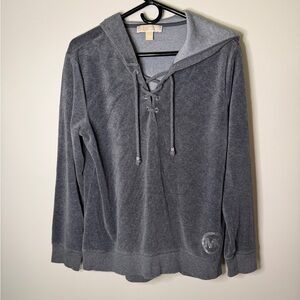 Michael Kors velour grey womens pullover hoodie size large with logo and tie